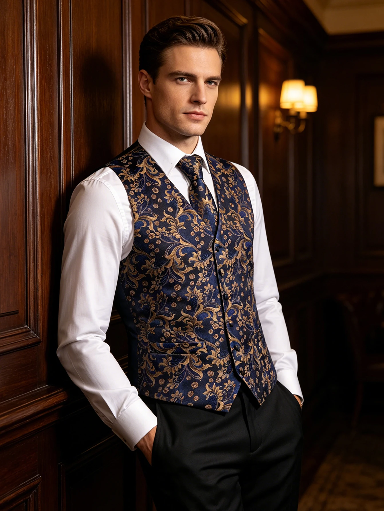 Pocket Square Set - Navy Gold Scroll Jacquard V-Neck Vest