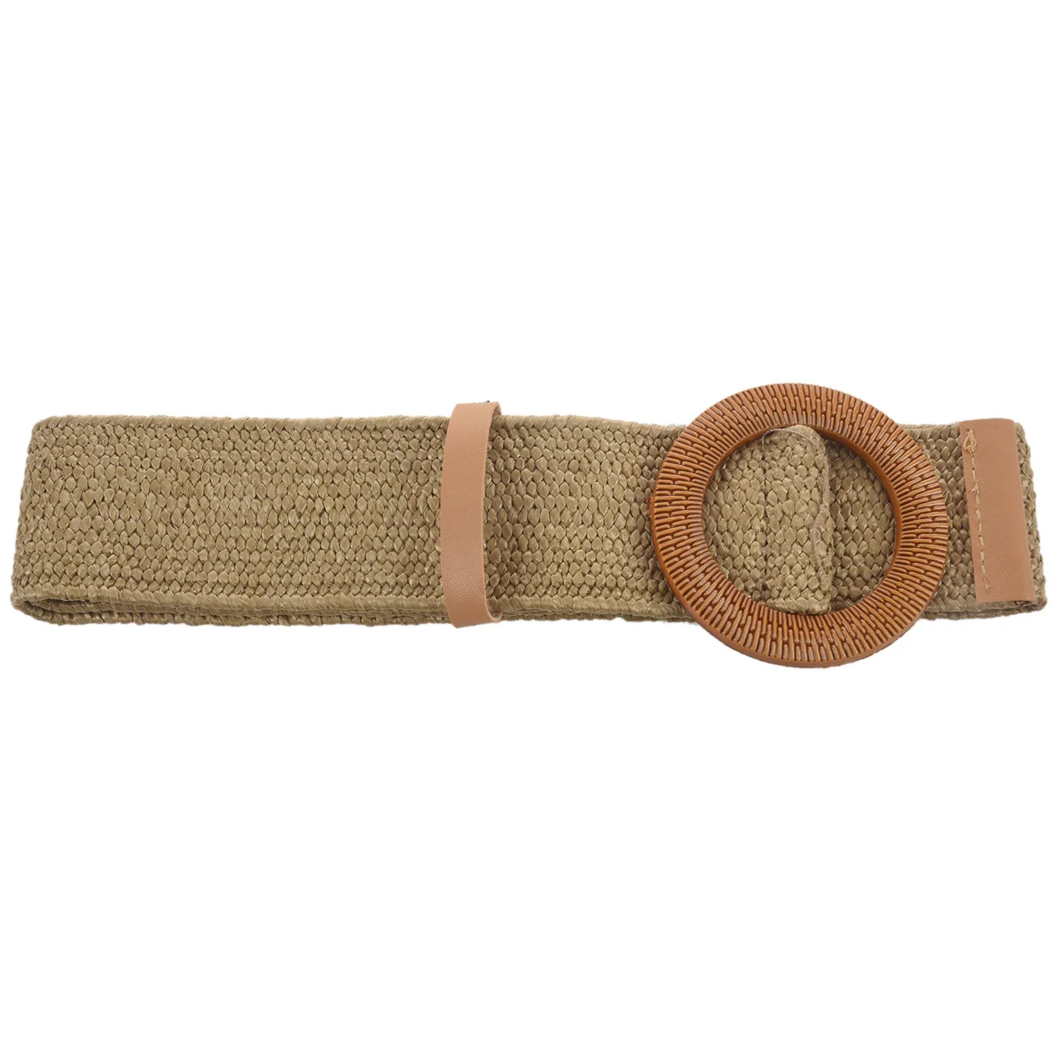 Straw Wide Belt Female Woven Vintage Round Wooden Buckle Decorative Dress Shirt Belt Khaki