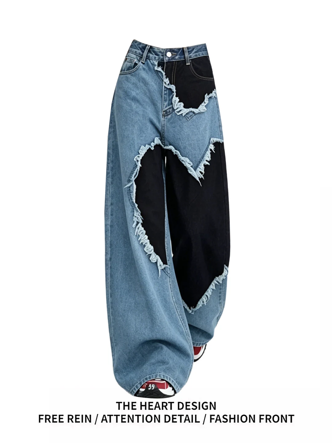 

Retro American Torn Heart Patchwork Color Block Women's Jeans Summer New Loose Straight Leg Wide Leg Pants High Waist Casual