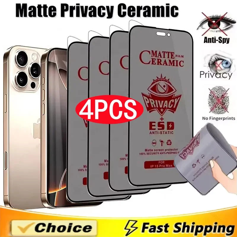 4Pcs Matte Ceramic Privacy Screen Protector for IPhone 16 13 12 11 14 15 Pro Max Mini Anti-spy Film for IPhone XR XS 15 16 Plus