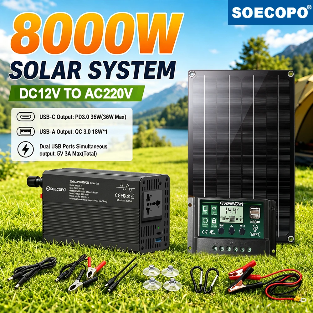 8000W Peak Solar System Kit (800W Panel + MPPT Controller + Stable Power Inverter) Plug and Play for Mobile Office Lawn Radio RV