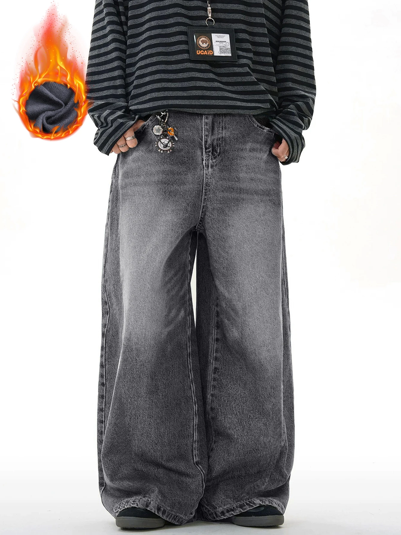 Men's Fleece-Lined Warm Gray Baggy Jeans Y2K Classic Retro Fashion Simple Commuter Versatile Wide-Leg Pants for Fall and Winter