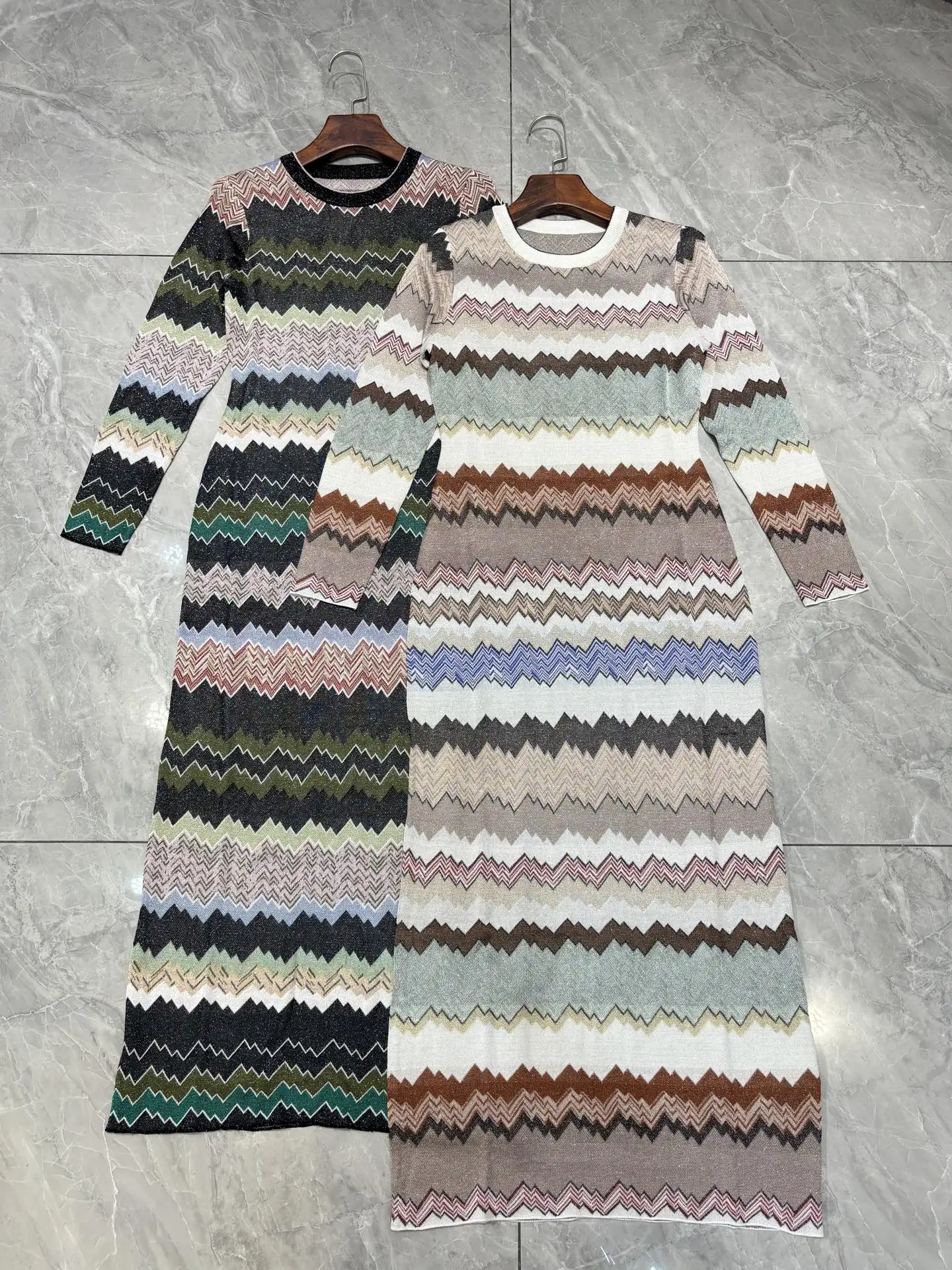 Autumn Women Long Sleeve Knitted Robe Round Neck High Waist Vintage Slim Striped Maxi Dress