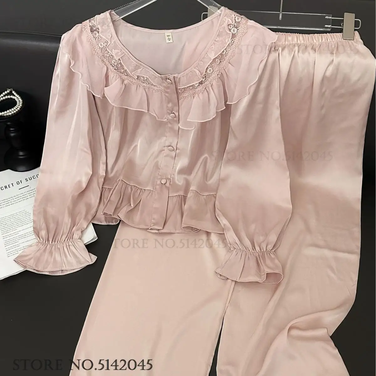 2PCS Pajamas Set Women\'s Sleepwear French Romantic Ruffled Lace Long Sleeve Trouser Suits Home Clothing Silk Satin Loungewear