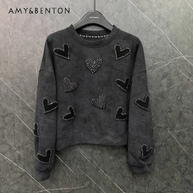 Unique Design Heavy Industry Flocking Love Diamond-encrusted Short O-Neck Sweatshirt Women's New Loose Fashion Design Top Hoodie