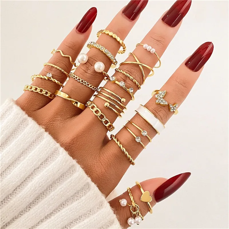 Zircon Pearls Butterfly Geometric Circle Knuckle Rings Set For Women Boho Heart Finger Ring Female Party Jewelry Accessories