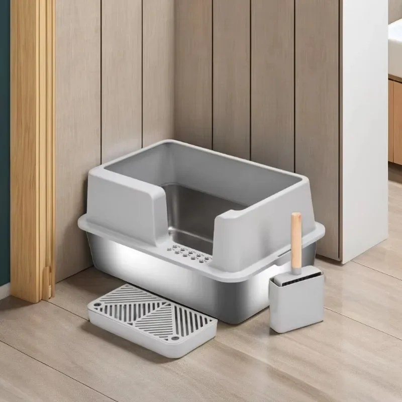 Stainless Steel Cat Litter Box High Fence Prevent Cat Litter From Splashing Pet Sand Toilet With Lid And Litter Shovel