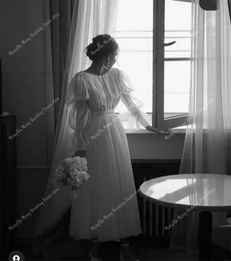 ZHUISHU Elegant Square  A-line Wedding Dress Customized Long Bishop Sleeves  Tea Length Pleated Backless Victorian Bridal Gowns