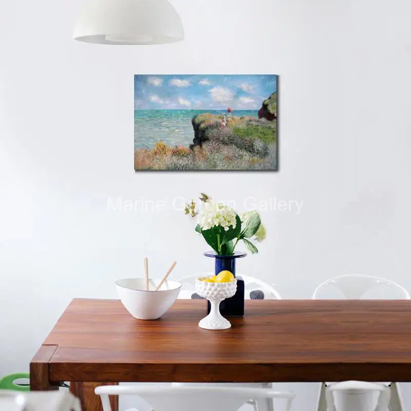 Hand Painted Claude Monet Landscape Oil Painting on Canvas Cliff Walk at Pourville Large Impressionsit Wall Art for Living Room