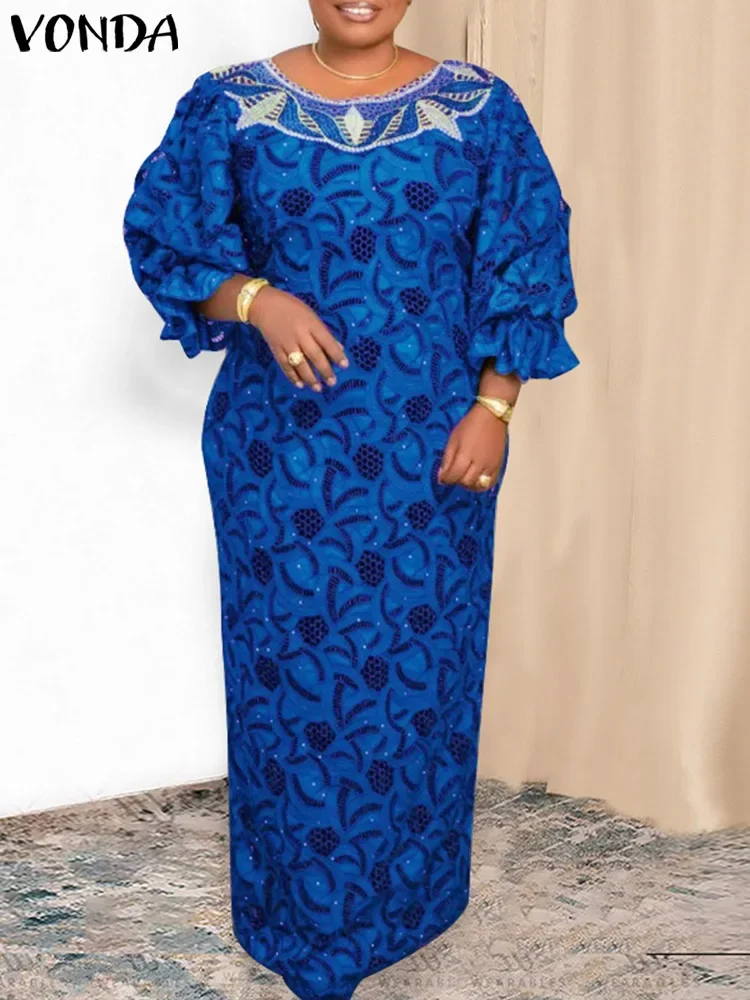 VONDA gaun Maxi panjang antik wanita, gaun Vestido cetakan seksi lengan lentera leher bulat Bohemian musim gugur 2024 ukuran Plus 5XL