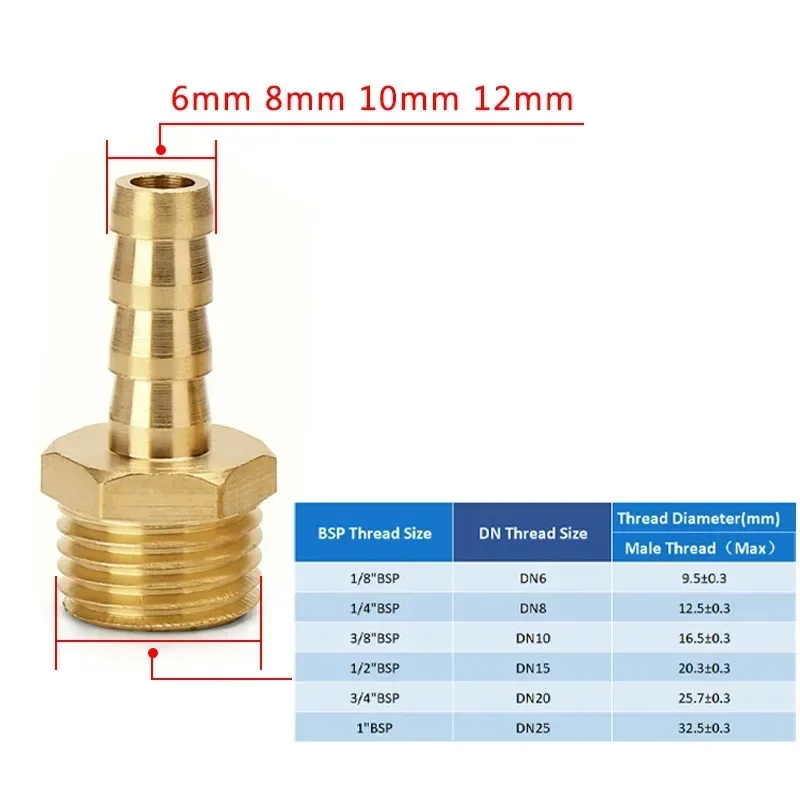 20/100Pcs PC Series Brass Fittings with Male Thread 6mm/8mm/10mm/12mm Pneumatic Joint Pagoda Hose Barb Tail Gas Fittings