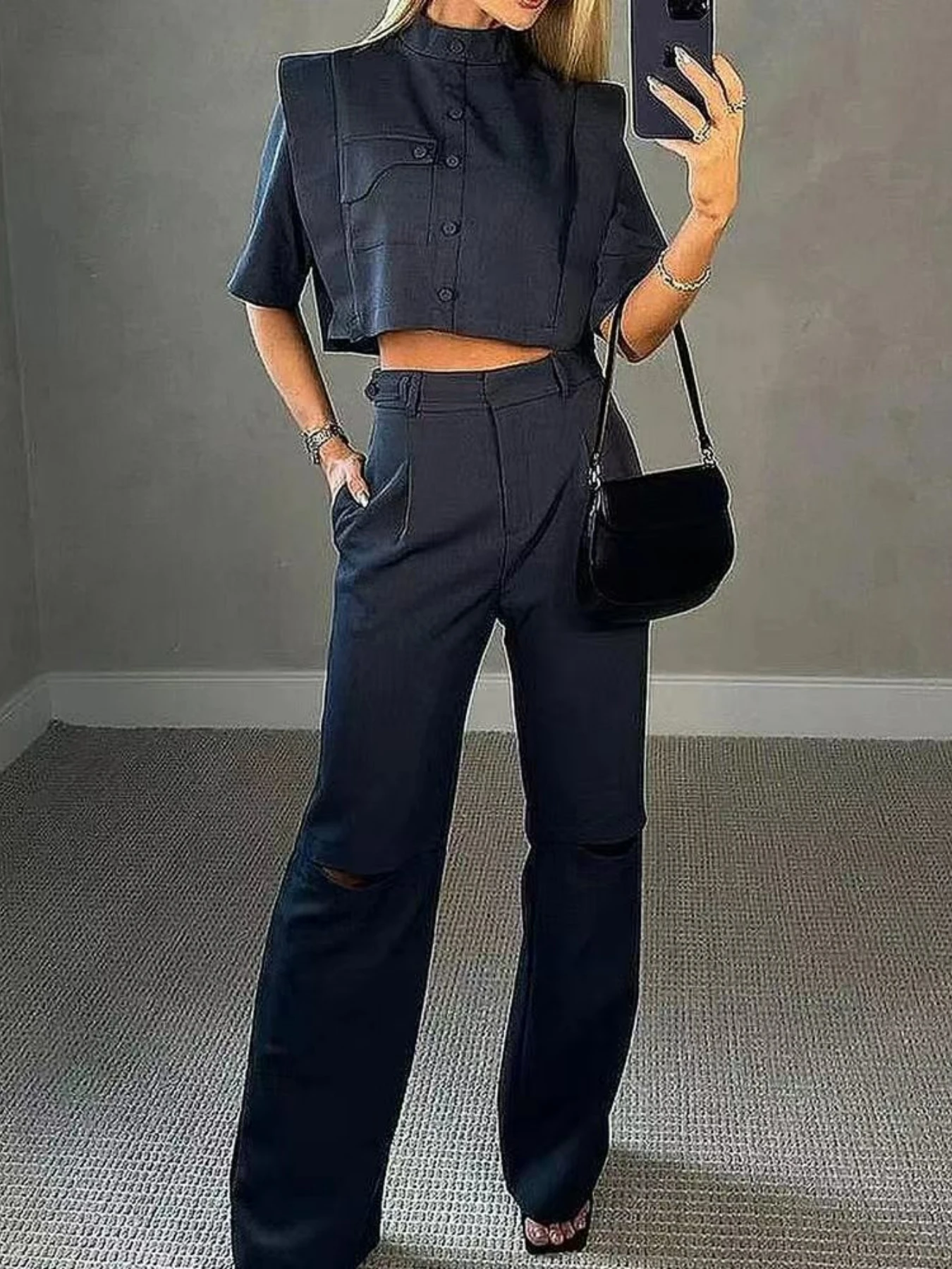 

Mikydely-Women's Two-Piece Set, Short-Sleeved Midriff Top, High-Waisted Ripped Wide-Leg Pants, Commuter Style