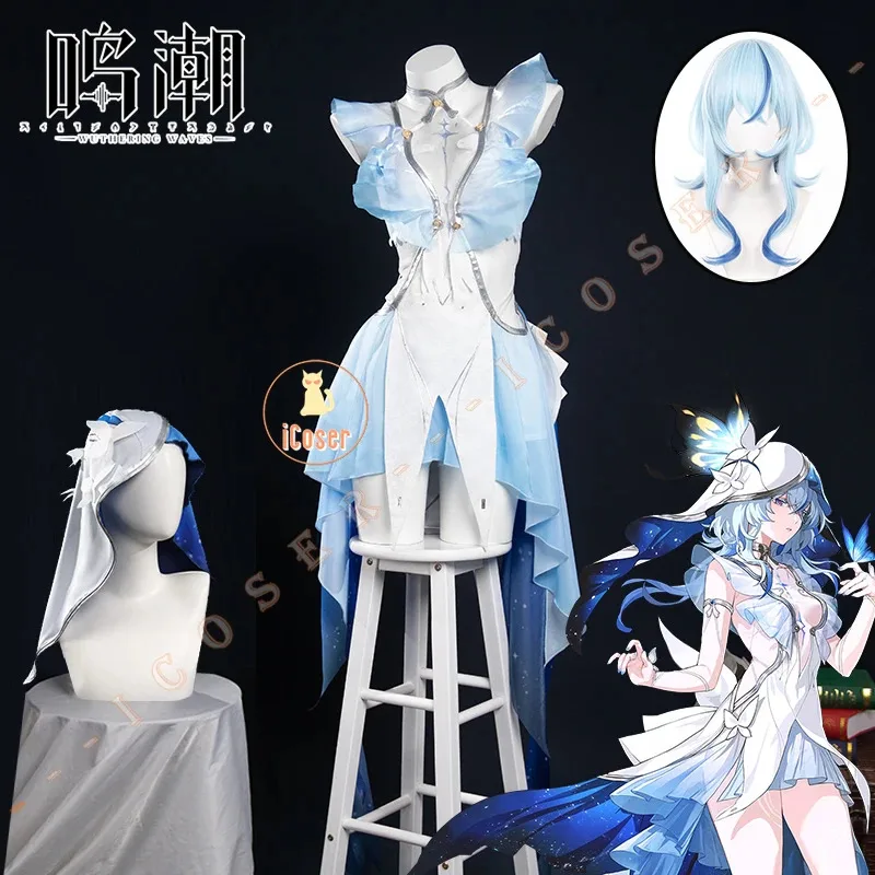 O shorekeeper traje peruca ondas wuthering vestido jogo uniforme véu preto afastados festa de halloween para mulheres acessórios icoser