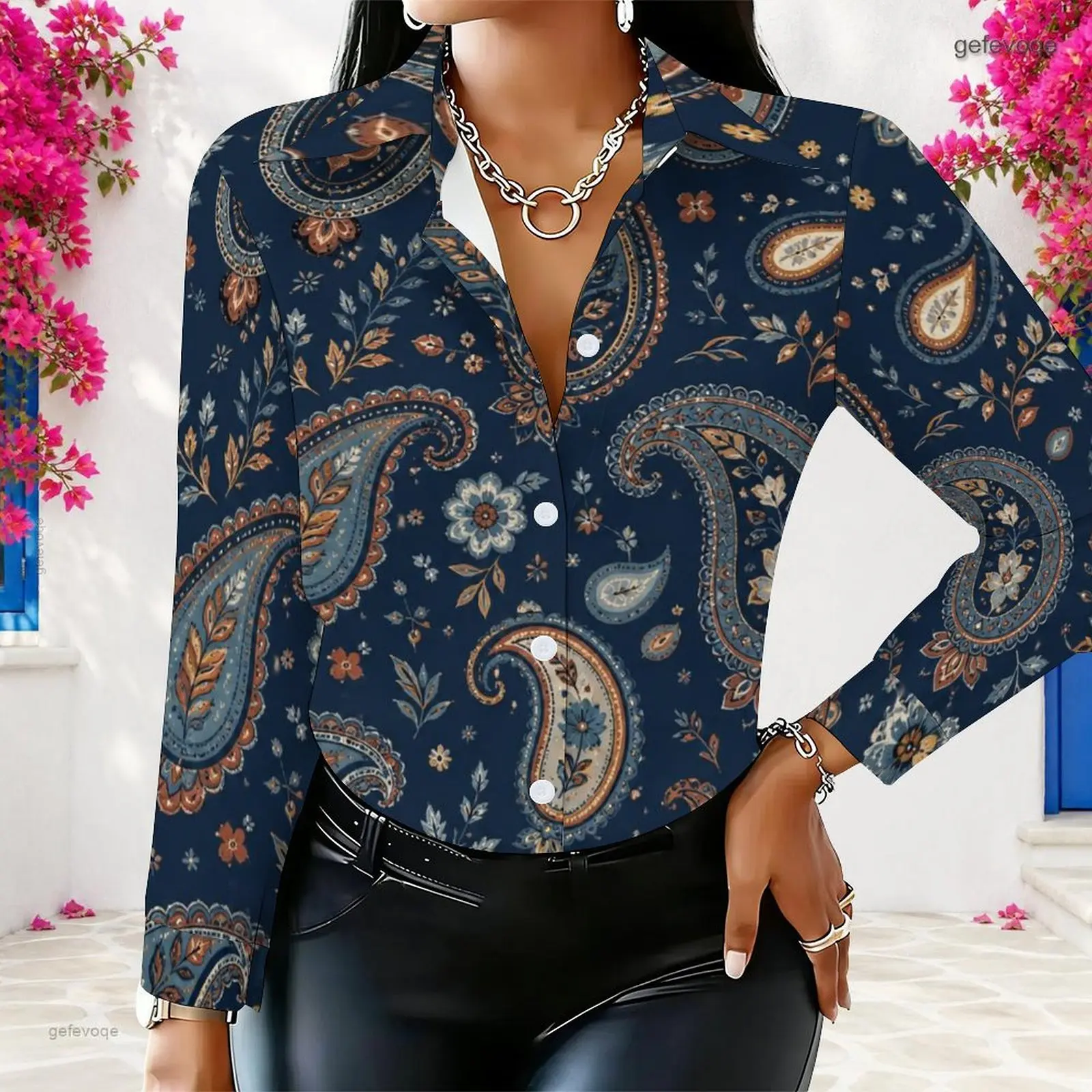 Women Navy Blue Paisley Floral Printed Collared Long Sleeve Button Down Shirt