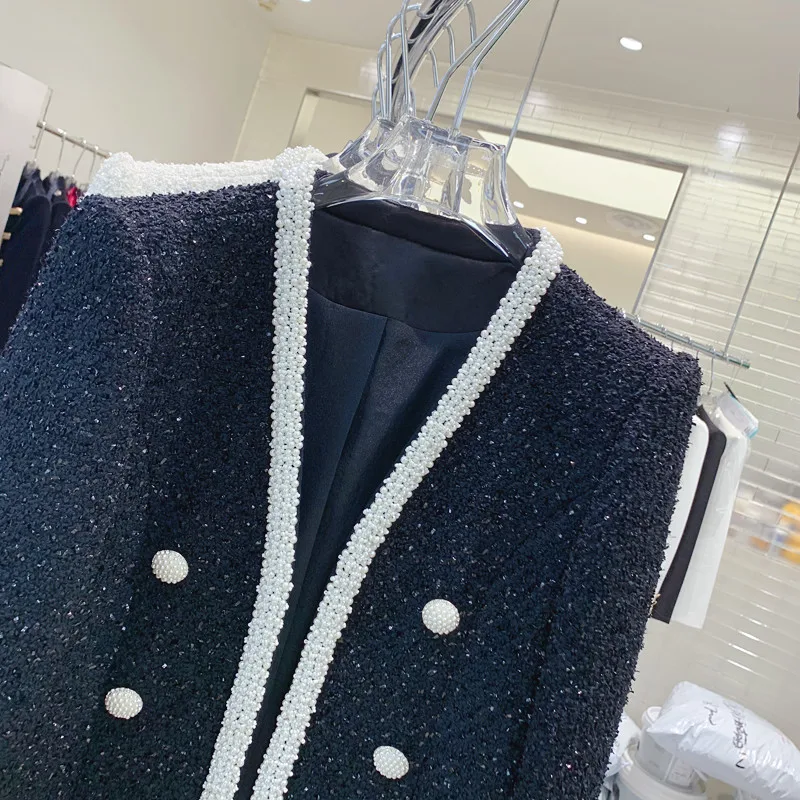 Winter New Fragrance Heavy Industry Slim Short Wool Black White Suit Coat Slim Fit Beads High Waist Blazers Fashion