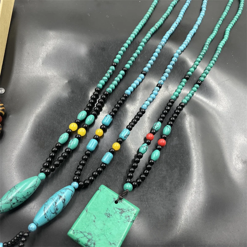 Optimized imitation turquoise peace amulet sweater chain with transfer beads pendant necklace