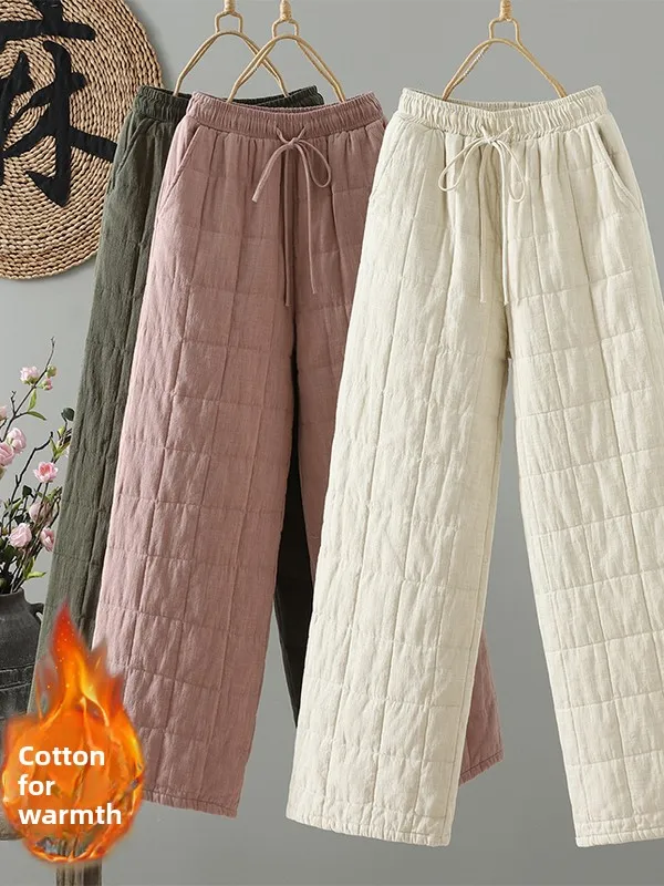 

Winter High Waist Slimming Cotton Wide Leg Casual Pants Thiened Quilted Straight Cut Loose Fit Women's plus Size Trousers