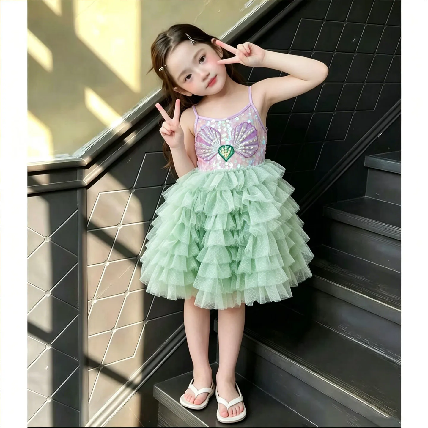 2026 New Baby Summer Girls Boutique Sequined Mesh Sling Dress , Princess Kids Sweet Fashion Party Dress  3-8 T