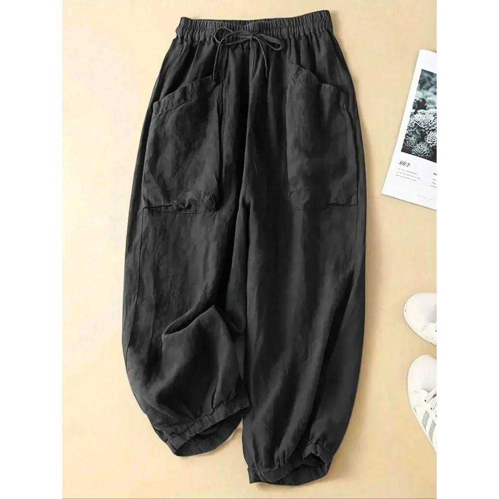 

Женские модные универсальные однотонные брюки больших размеров с эластичной резинкой на талии, женские повседневные удобные свободные брюки на шнурке