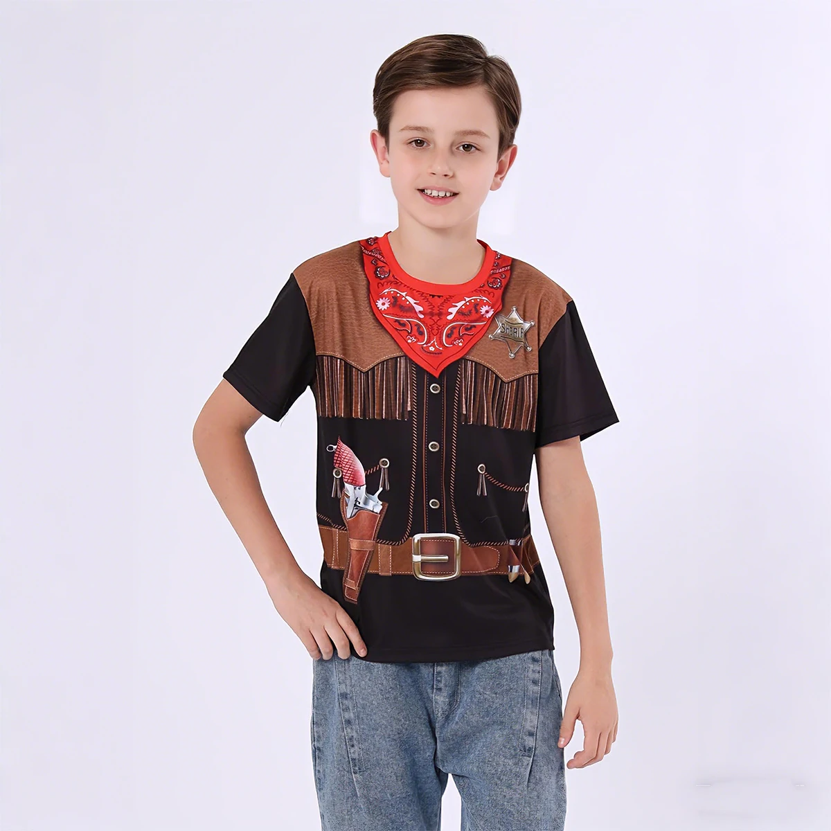 

Костюм ковбоя для мальчиков, детская футболка с 3D принтом в стиле вестерн, детская одежда для карнавала Пурим, Хэллоуина, косплея, футболка для детей 5-12 лет