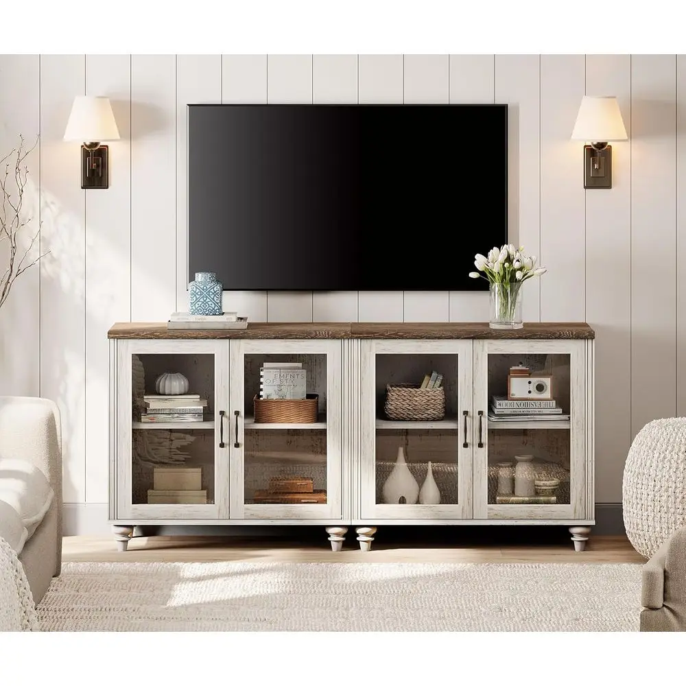 75 Glass and Wooden TV Stand with 2 Cabinets for Living and Bedroom, Rustic White Entertainment Center