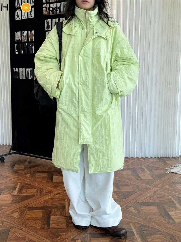 HanOrange 2024 Autumn Outdoor Hooded Parkas Women Cotton Padded Jacket Loose Silhouette Warm Thick Long Coat Grey/Yellow Green