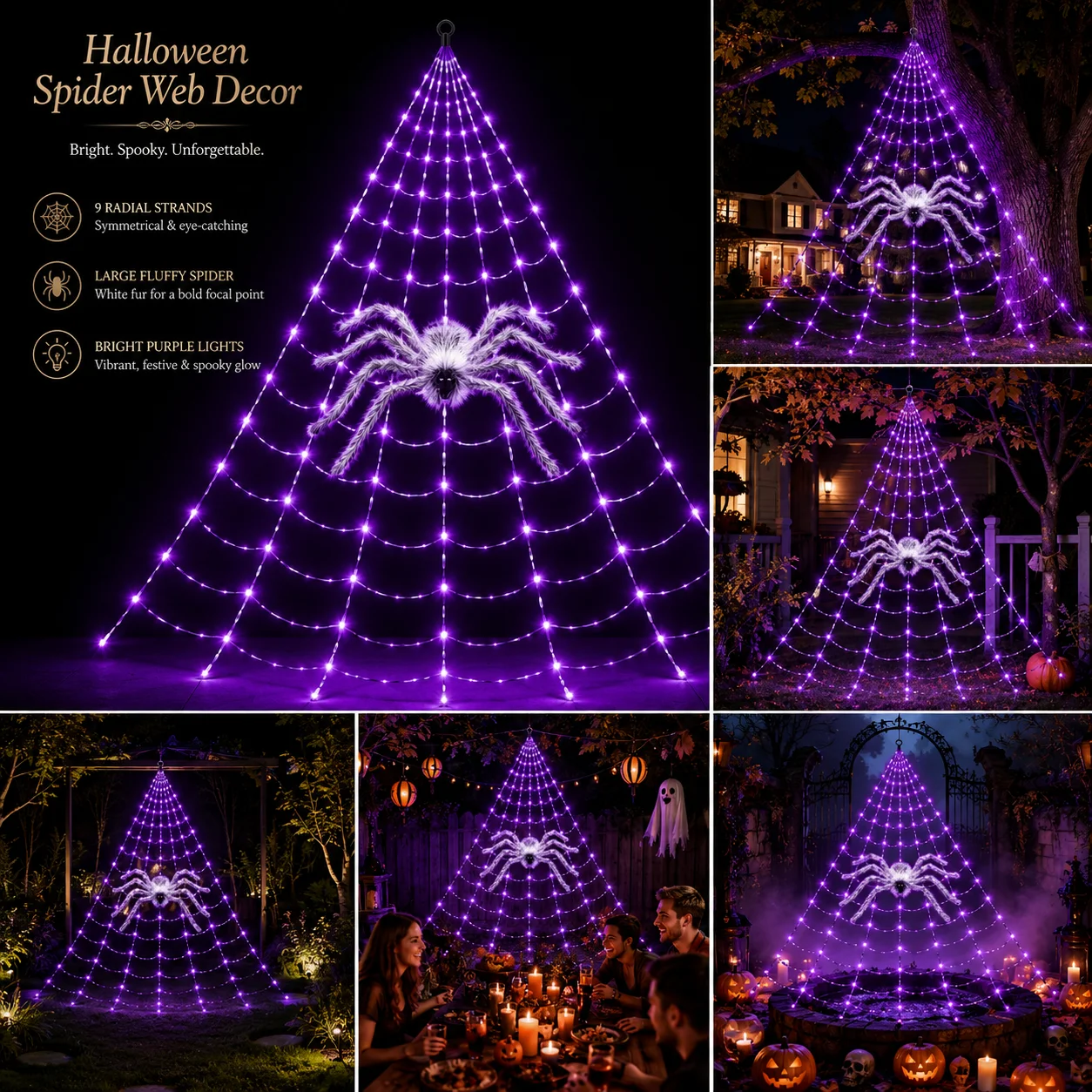 Halloween Solar Spider Web Lights Purple LED Hairy Spider Outdoor Tree Yard Garden Party Decor