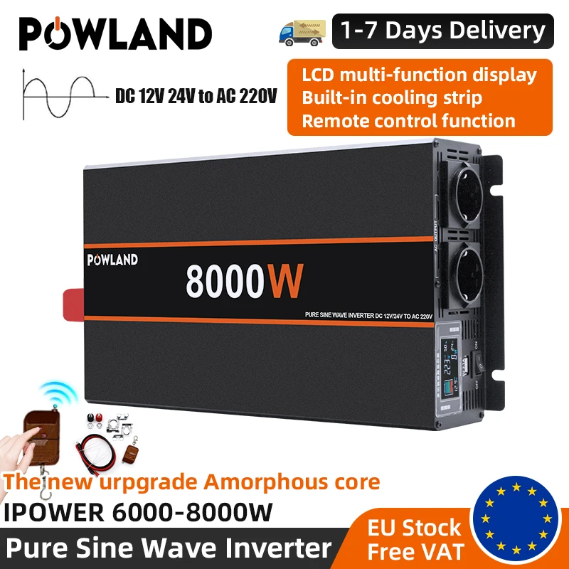 POWLAND Pure Sine Wave Inverter DC 12V 24V To AC 220V 8000W 6000W Portable Power Bank Converter LCD Solar Inverter EU Socket