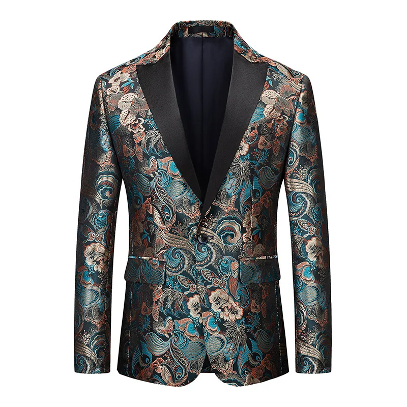 Spring Luxury Men Wedding Party Blazer 2024 New Golden Vintage Art Print Floral Suit Jacket Big V Neck Singer Clothing 6XL-M