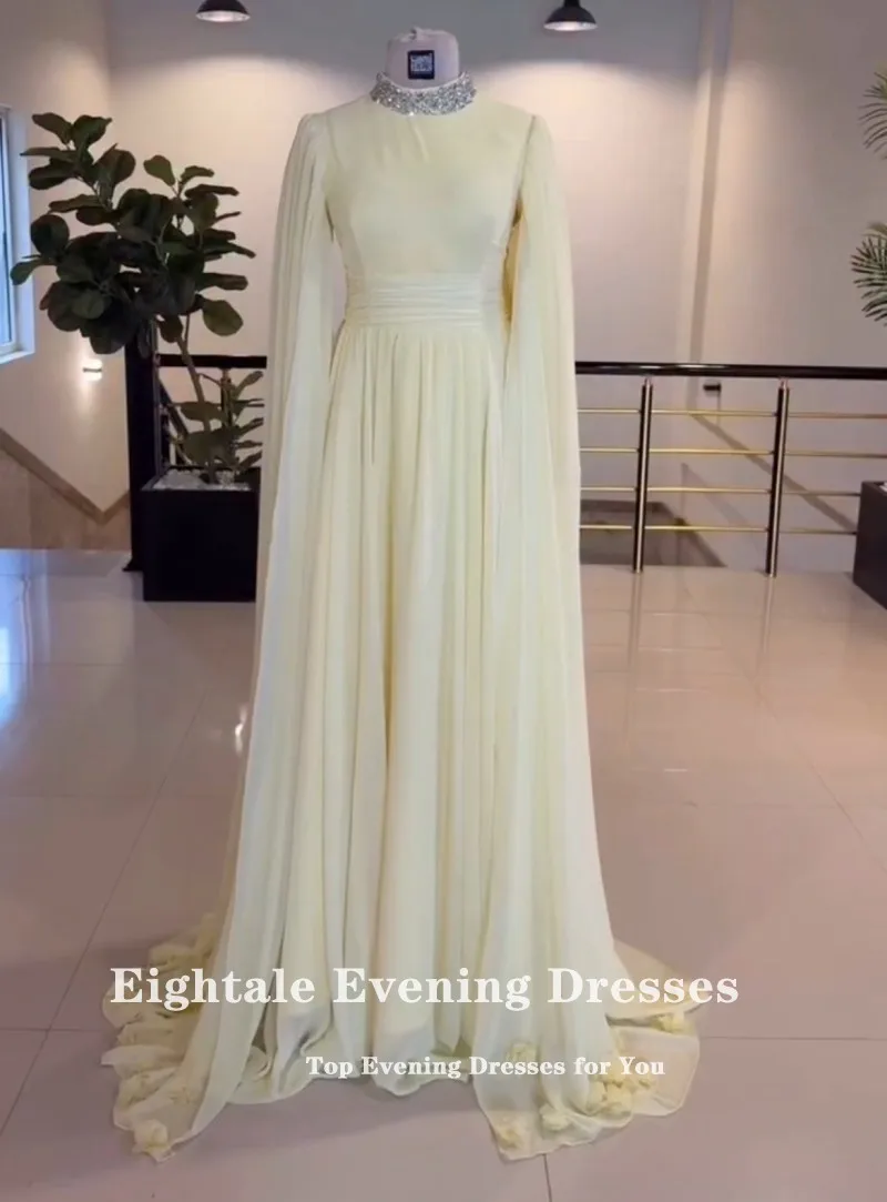 Eightale อาหรับชุดราตรีแขนยาวลูกปัดที่กําหนดเองชีฟองสีเหลืองพรหมงานแต่งงานชุด Abendkleider Hochzeit