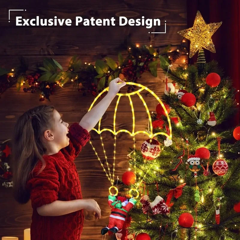 LED Santa Christmas Hanging Lights, USB Powered Parachute Decoration for Garden Balcony Holiday Decor