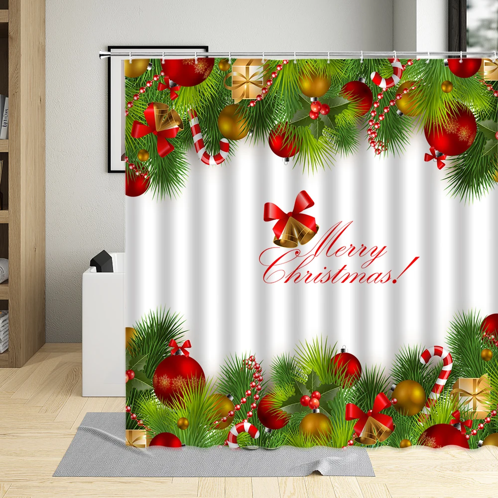 Christmas Shower Curtain Green Plant White Yellow Christmas Ball Red Winter Holiday Decoration Wall Cloth Bathroom Curtains Sets