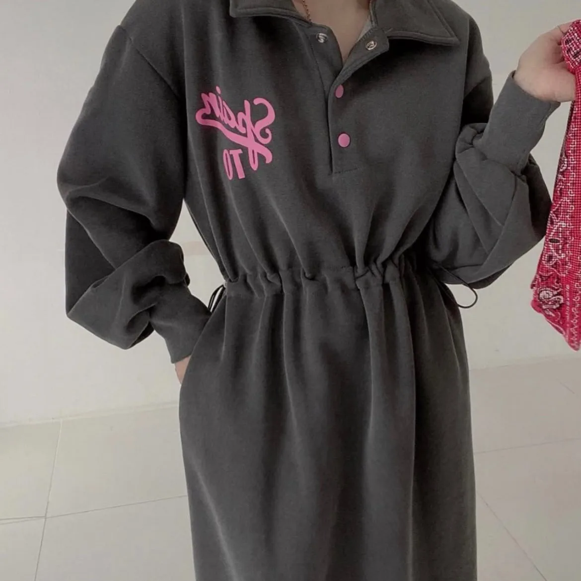 Korean Style Long Sleeve  Collar Drawstring Hoodie Dress Women's Color Block Letter Print Loose Fit Maxi Dress