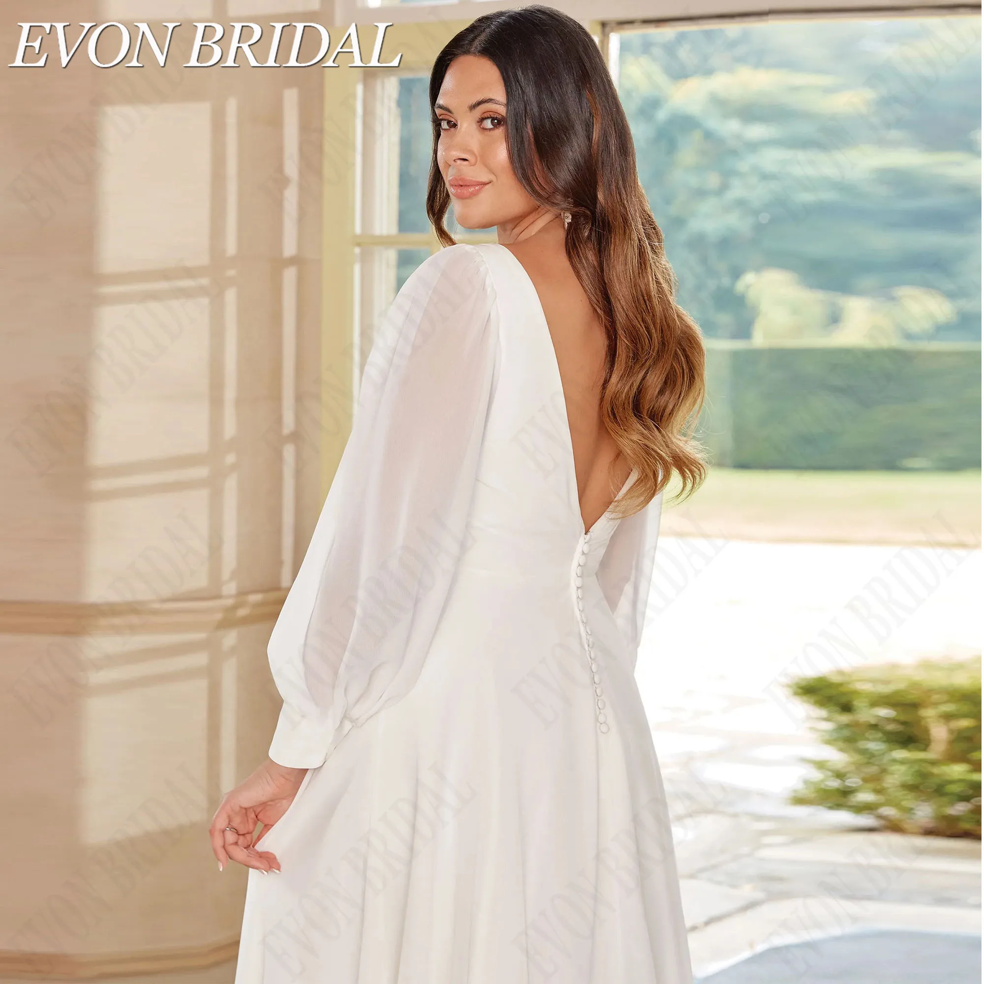 EVON BRIDAL Plus Size V Neck Wedding Dresses Lantern Sleeve Chiffon Bridal Dress A-Line Deep V Back Bridal Gown Customized