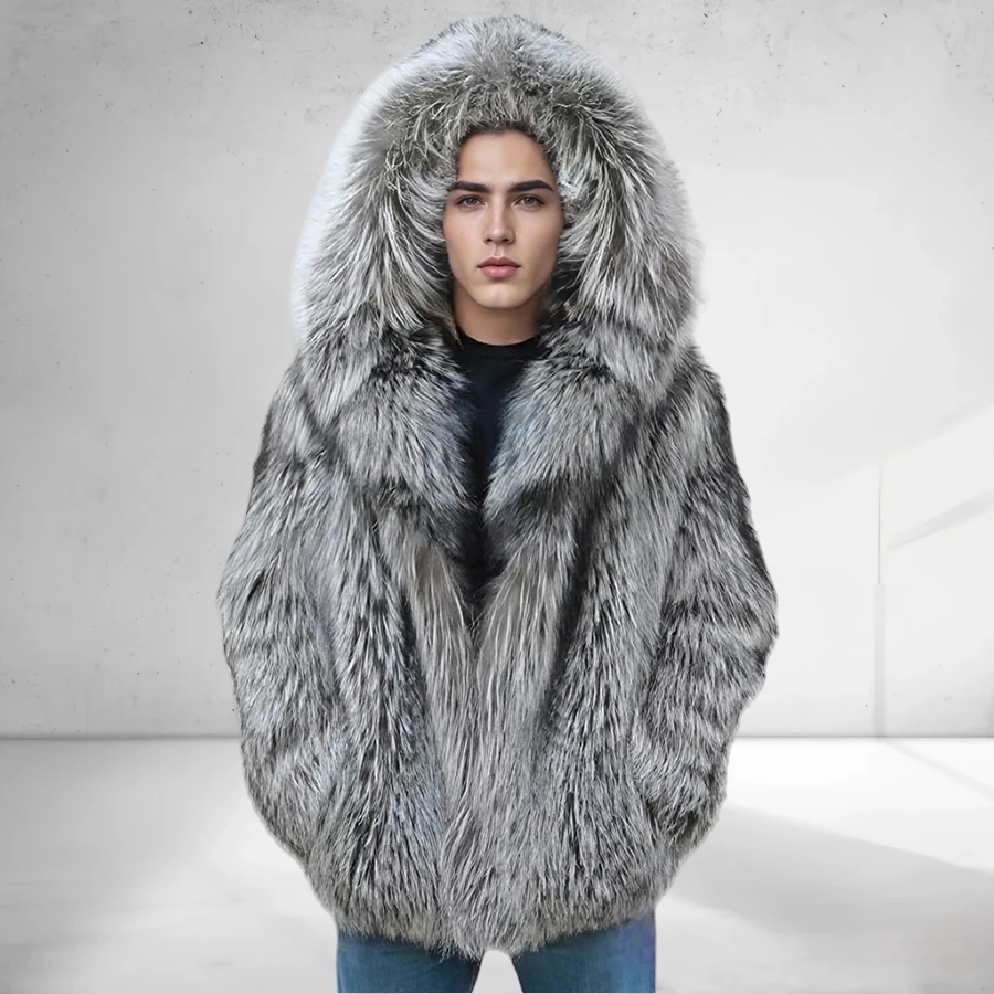 

Real Fur Coat Men Fox Fur Jacket Genuine Fox Fur Coat With Hood Mid-Length Men's Natural Fox Fur Coats