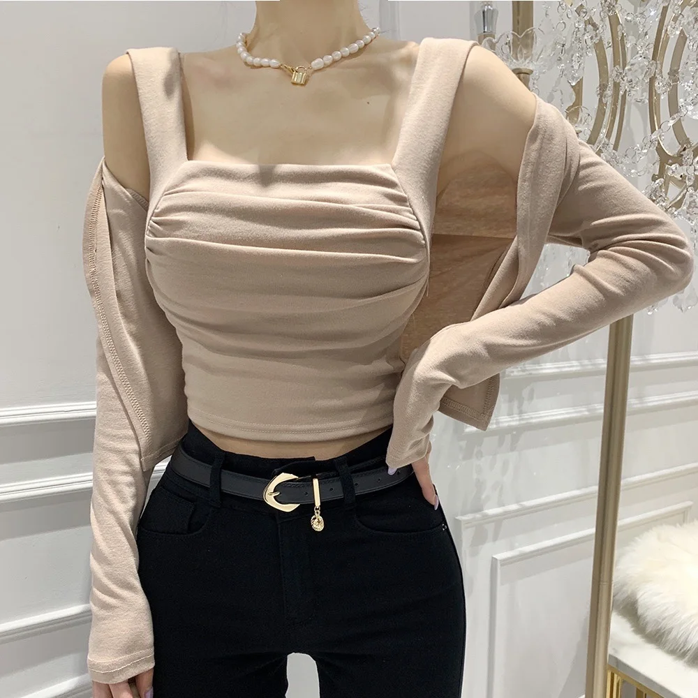 Dongda Gate New Style Women's Fashion Set Tight Fit Square Collar Vest Sun Protection Open Cardigan Cotton Spring 2023