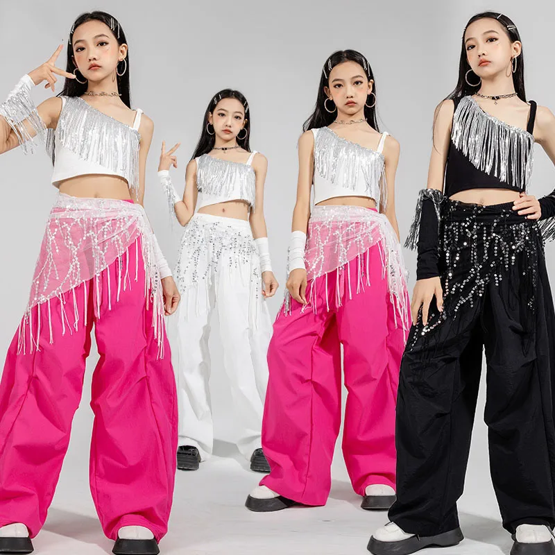 

Girls Kpop Jazz Dance Costume Sequin Navel Tassel Tops Cargo Pants Hip Hop Performance Clothes Concert Catwalk Clothing BL16247