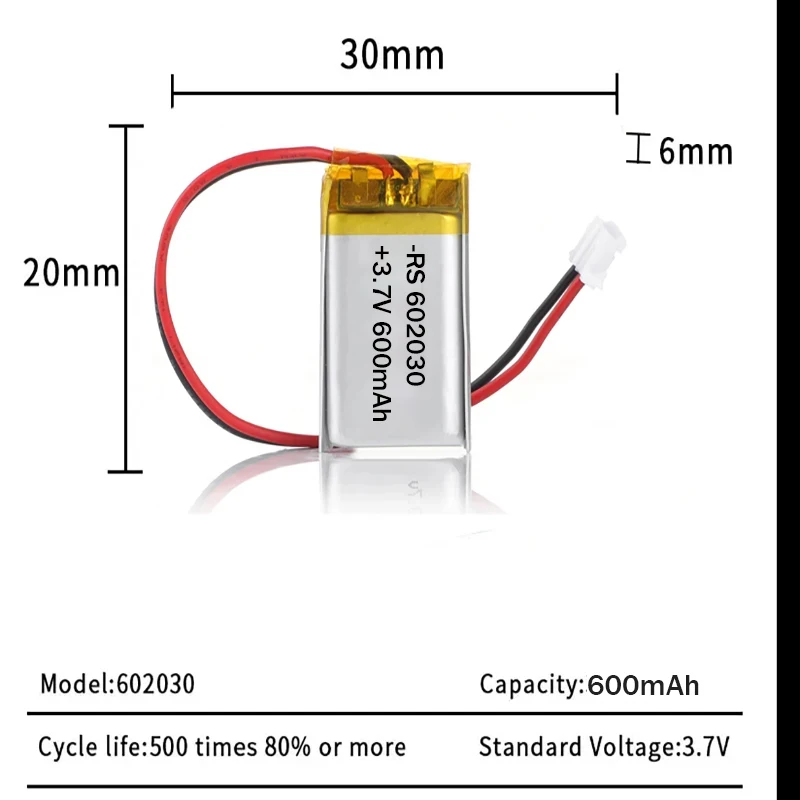 602030 Polymer Lithium Battery 3.7V 600mAh Li-ion Rechargeable Batteries for Bluetooth Headset Speaker Monitor Self-Timer GPS