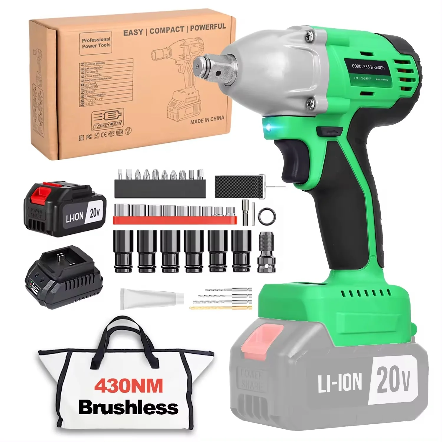 

20V 430Nm Cordless Impact Wrench Brushless Motor 1/2 High Torque Wrenches Easy Powerful Tools Set 4.0Ah Battery