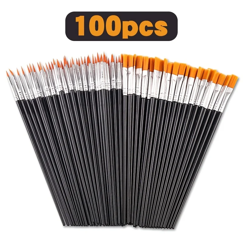 100pcs Painting Brushes Set Art Round Flat Hair Nylon Hair Paint Brush Pen for Oil Acrylic Watercolor School Art Supplies