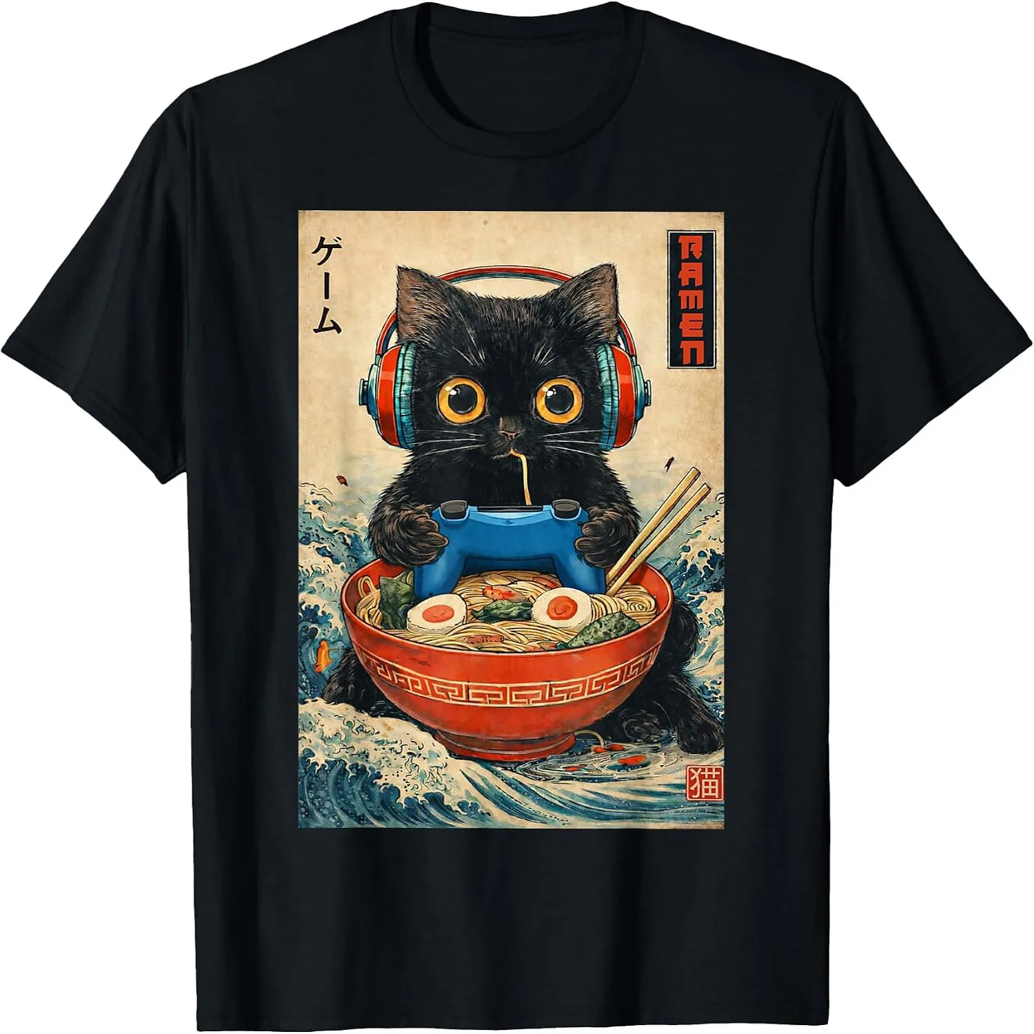 Ukiyo-E Wave Black Cat Gamer Eating Ramen Retro Japanese Graphic T-Shirt
