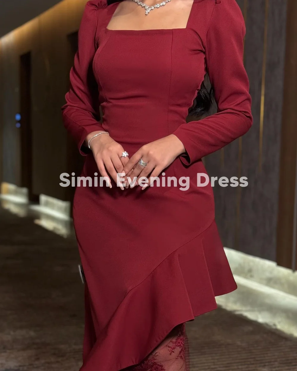 시민 여성 크레이프 스퀘어넥 롱 슬리브 이브닝 드레스, 사이드 슬릿 러플 발목 기장 레이스 패치워크 프롬 가운 2025