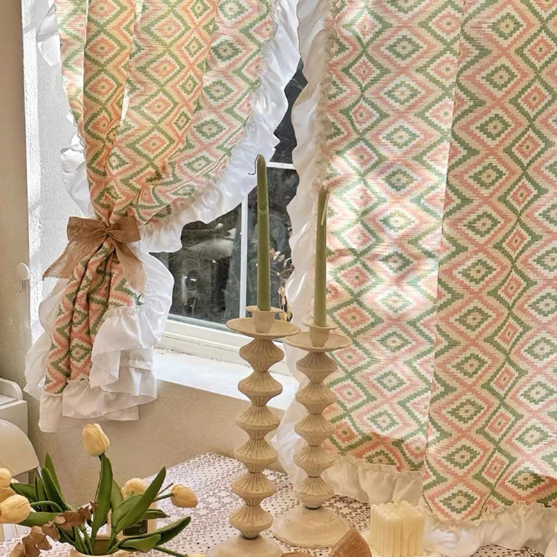 American Rural Geometry Rhombus Pattern Curtains Cloth for Living Room Warp Ruffled Curtains for Bedroom Kitchen #A662