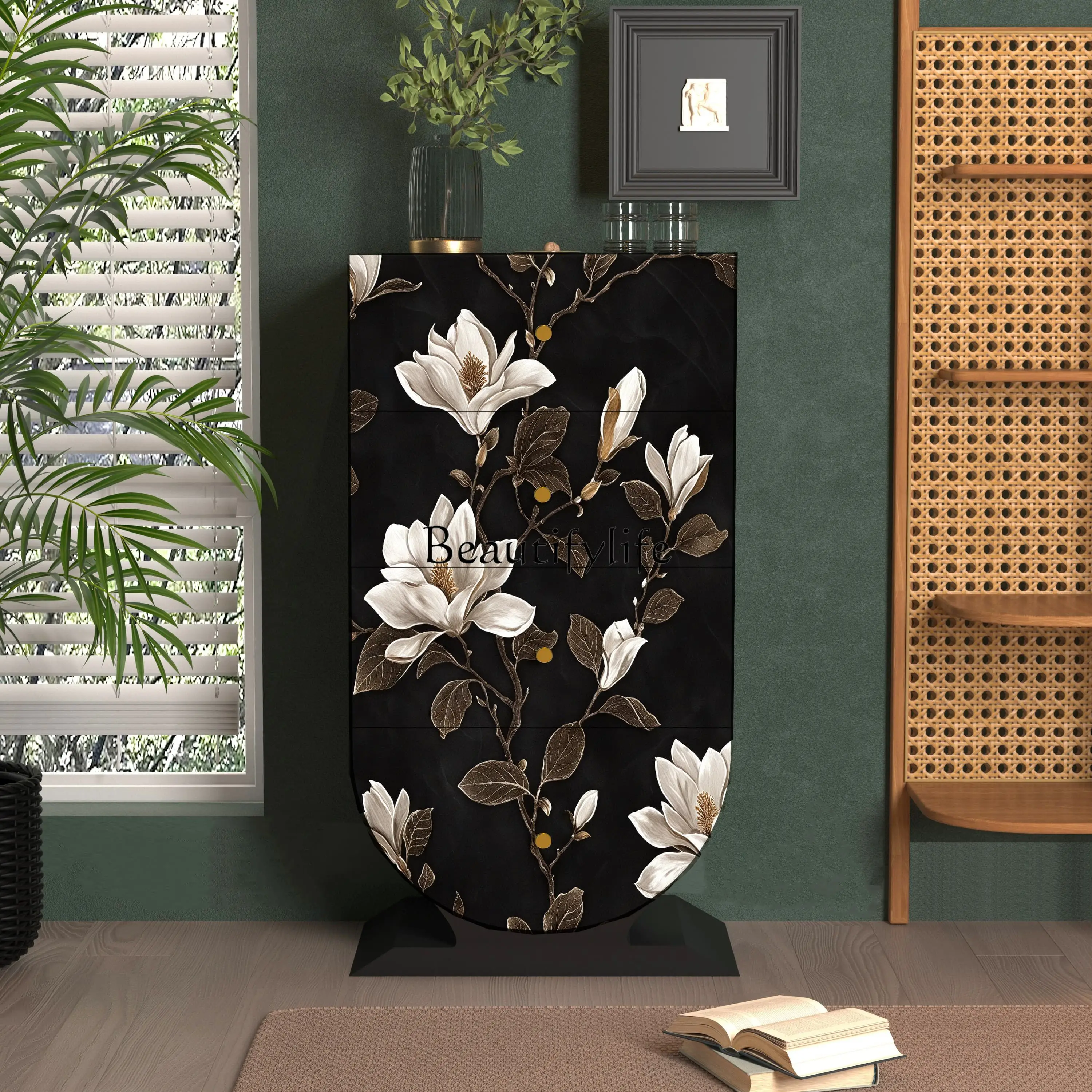 

Chinese-style pattern painted solid wood four-chest cabinet, living room, homestay, wall storage locker
