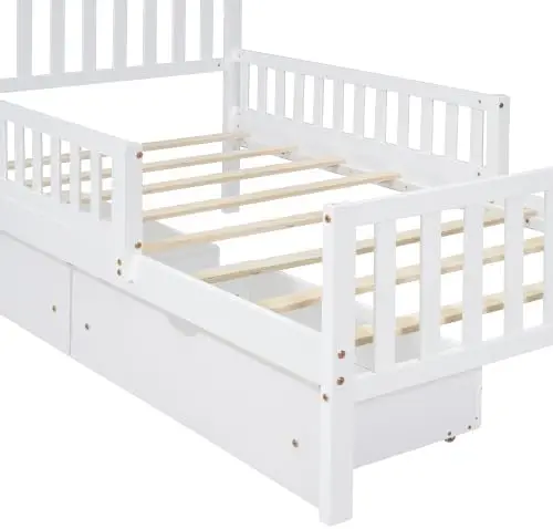 Kids Full Bed Frame with Storage Drawers and Both Sides Guardrails, Kids Platform Bed with Headboard and Slat Support,