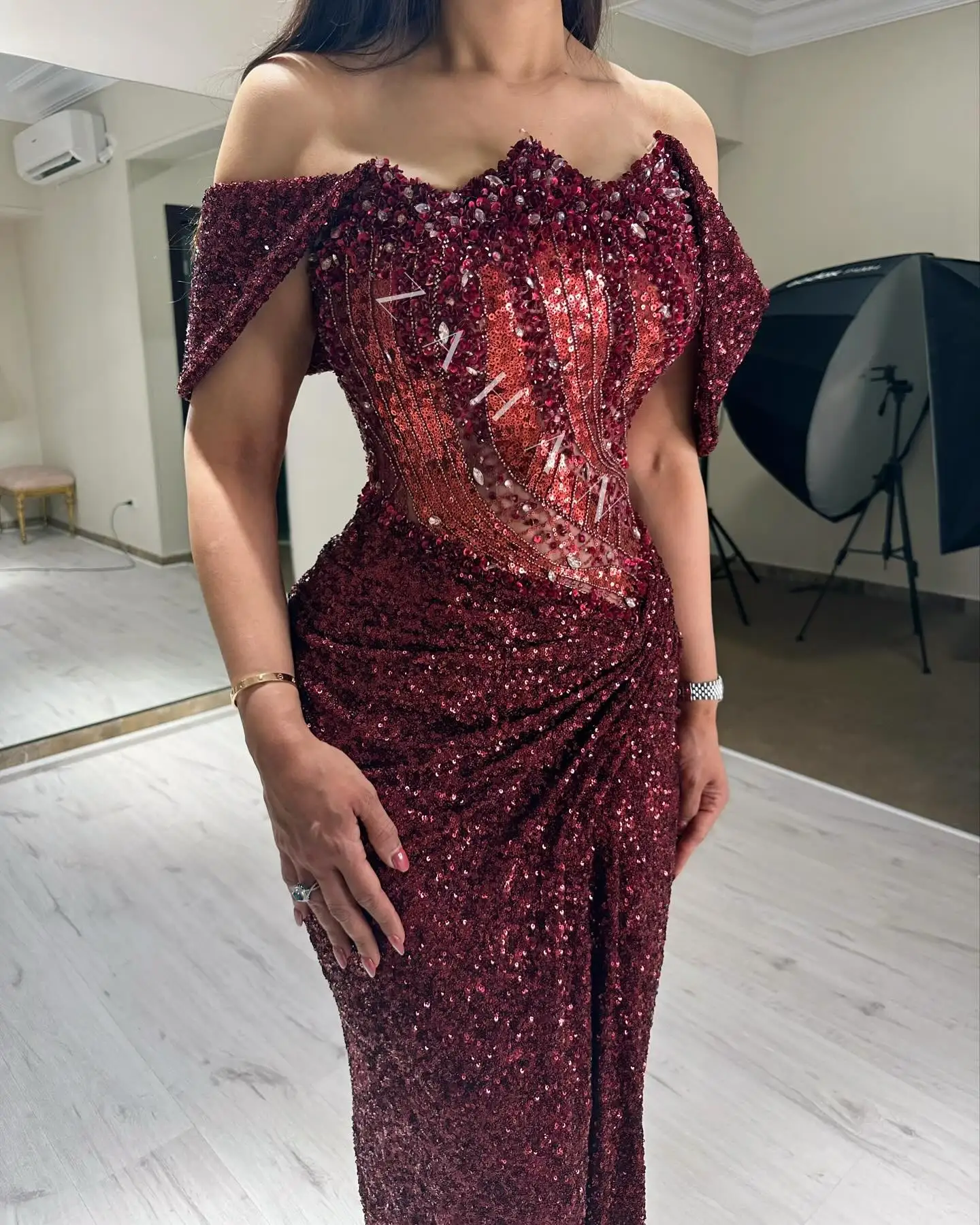 Wine Red Off the Shoulder Sparkly Sequin Prom Dresses Long for Women 2025 Corset Beading Sheath Formal Evening Gowns