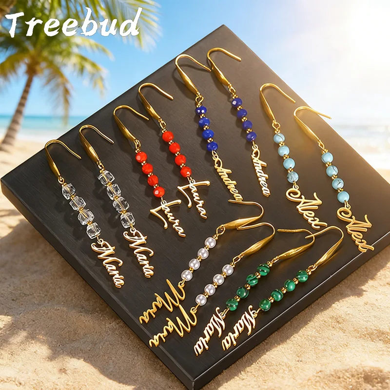 Treebud Personalized Name Earrings Stainless Steel Custom Colorful Bead Imitation Pearl Beach Dangle for Women Girls Jewelry