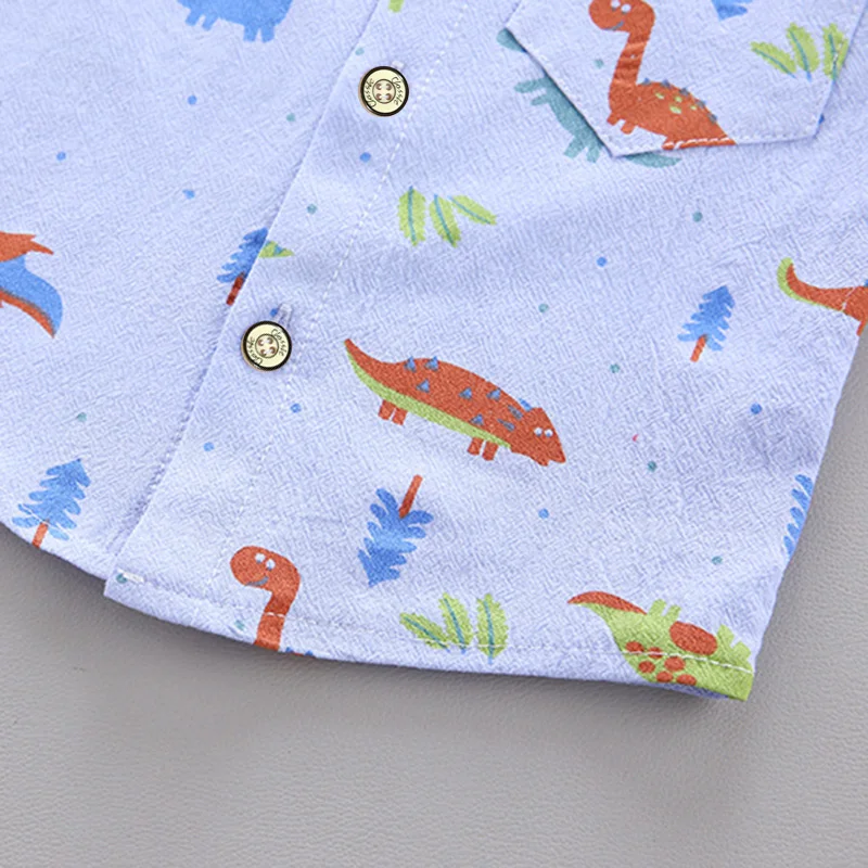 2PCS Children\'s Summer Full Print Cartoon Little Dinosaur Standing Collar Shirt and Shorts Set