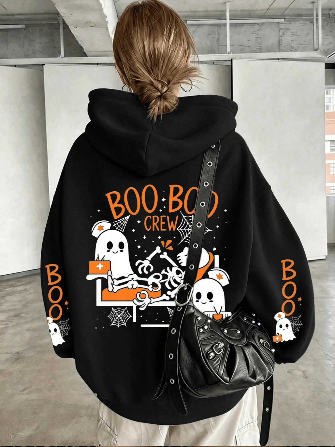 Halloween Skull and Ghost Print Plus Size Men's and Women's Casual Autumn and Winter Long Sleeved Pocket Hooded Sweatshirt