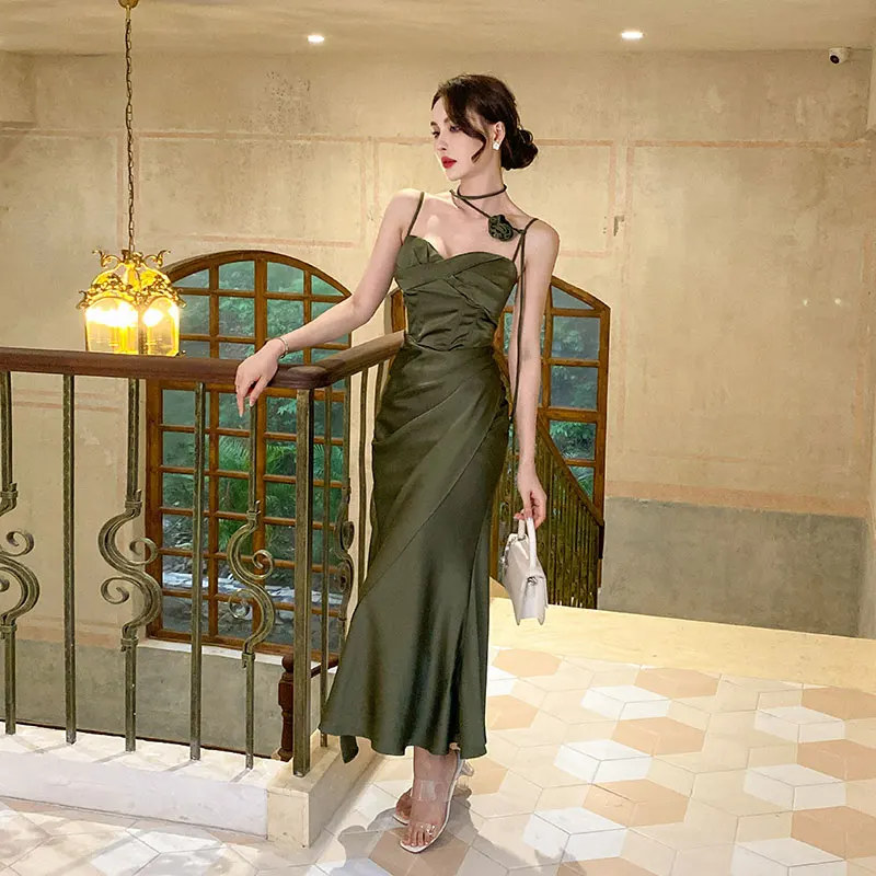 Satin Suspender Midi Dresses for Women 2023 New Summer Elegant Party Evening Clothes Female Fashion Sexy Slim Green Dress Vestid